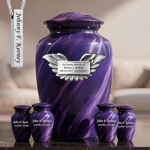 Set of 6 Cremation Urns for Human Ashes Includes 1 Large Urn with 4 Small Keepsakes & 1 Silver Necklace - Sky Blue Marble in Saudi Arabia