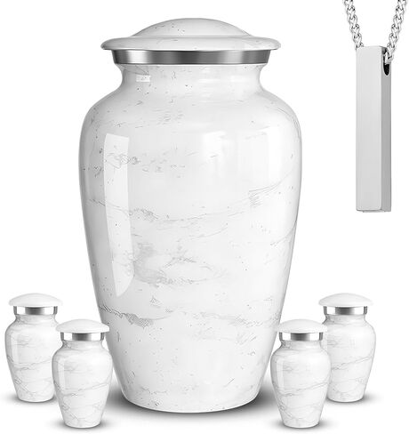 Set of 6 Cremation Urns for Human Ashes Includes 1 Large Urn with 4 Small Keepsakes & 1 Silver Necklace - Sky Blue Marble in Saudi Arabia