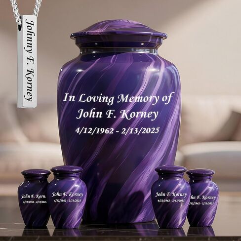 Set of 6 Cremation Urns for Human Ashes Includes 1 Large Urn with 4 Small Keepsakes & 1 Silver Necklace - Sky Blue Marble in Saudi Arabia