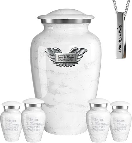 Set of 6 Cremation Urns for Human Ashes Includes 1 Large Urn with 4 Small Keepsakes & 1 Silver Necklace - Sky Blue Marble in Saudi Arabia