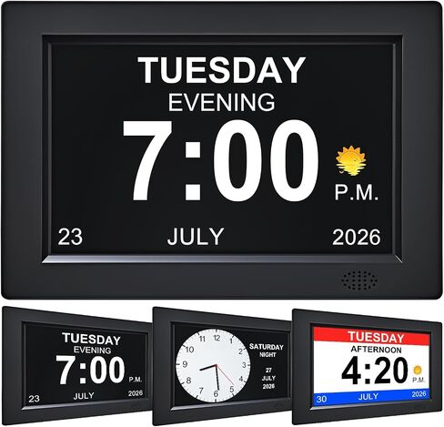 8 Inch Black Digital Dementia Clock, Large Display Calendar Clock, 15 Medication Reminders, Auto DST, Auto Brightness Adjustment, Equipped with Remote Control in Kuwait