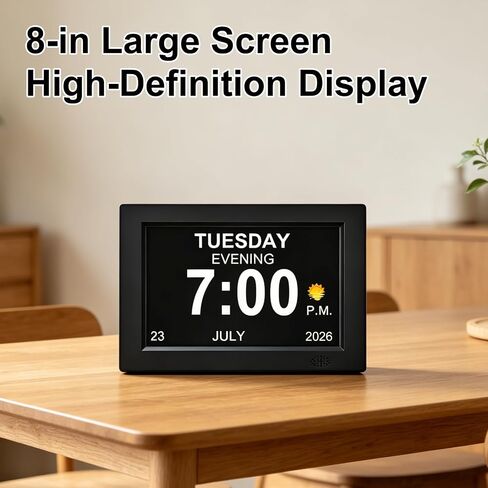8 Inch Black Digital Dementia Clock, Large Display Calendar Clock, 15 Medication Reminders, Auto DST, Auto Brightness Adjustment, Equipped with Remote Control in Kuwait