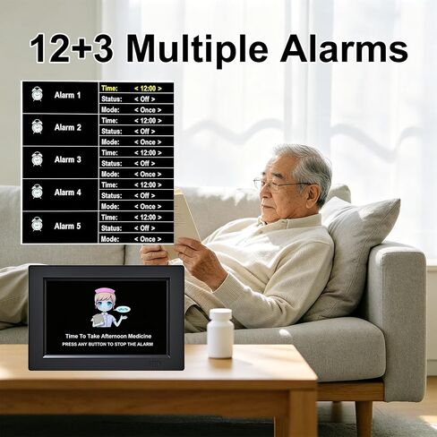 8 Inch Black Digital Dementia Clock, Large Display Calendar Clock, 15 Medication Reminders, Auto DST, Auto Brightness Adjustment, Equipped with Remote Control in Kuwait