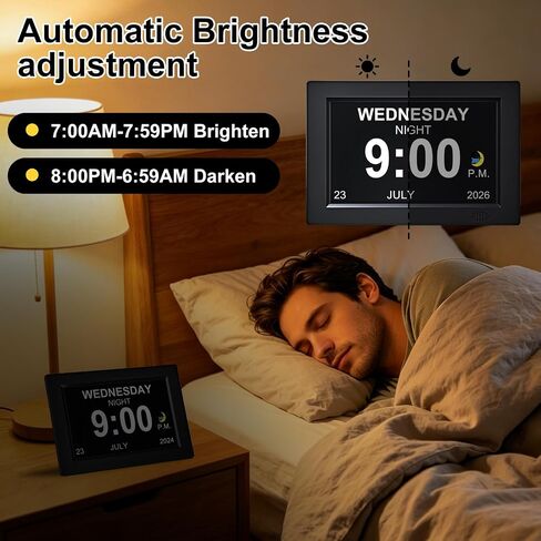 8 Inch Black Digital Dementia Clock, Large Display Calendar Clock, 15 Medication Reminders, Auto DST, Auto Brightness Adjustment, Equipped with Remote Control in Kuwait