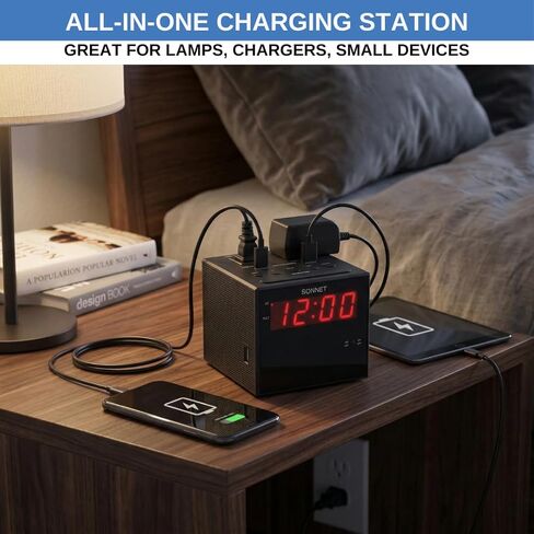 Digital Alarm Clock Radio with Charging Station, AM/FM Radio for Bedroom, 2 AC Outlets & USB-C + USB-A Charging Ports, LED Display, Snooze, AUX Input, Battery Backup – by Ken-Tech in Saudi Arabia