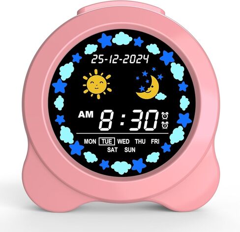 Kids Alarm Clock, Sun & Moon LED Display with Day & Date, Children's Sleep Trainer with Night Light & Sleep Sounds, Cute Wake Up Clock for Kids Bedroom, Easy to Use Birthday Gift for Boy and Girls in Saudi Arabia