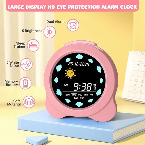 Kids Alarm Clock, Sun & Moon LED Display with Day & Date, Children's Sleep Trainer with Night Light & Sleep Sounds, Cute Wake Up Clock for Kids Bedroom, Easy to Use Birthday Gift for Boy and Girls in Saudi Arabia