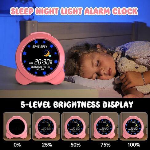 Kids Alarm Clock, Sun & Moon LED Display with Day & Date, Children's Sleep Trainer with Night Light & Sleep Sounds, Cute Wake Up Clock for Kids Bedroom, Easy to Use Birthday Gift for Boy and Girls in Saudi Arabia