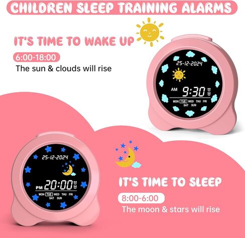 Kids Alarm Clock, Sun & Moon LED Display with Day & Date, Children's Sleep Trainer with Night Light & Sleep Sounds, Cute Wake Up Clock for Kids Bedroom, Easy to Use Birthday Gift for Boy and Girls in Saudi Arabia