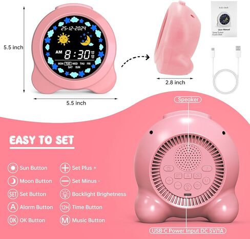 Kids Alarm Clock, Sun & Moon LED Display with Day & Date, Children's Sleep Trainer with Night Light & Sleep Sounds, Cute Wake Up Clock for Kids Bedroom, Easy to Use Birthday Gift for Boy and Girls in Saudi Arabia
