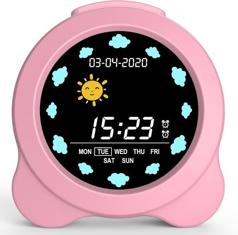Kids Alarm Clock, Sun & Moon LED Display with Day & Date, Children's Sleep Trainer with Night Light & Sleep Sounds, Cute Wake Up Clock for Kids Bedroom, Easy to Use Birthday Gift for Boy and Girls in Saudi Arabia