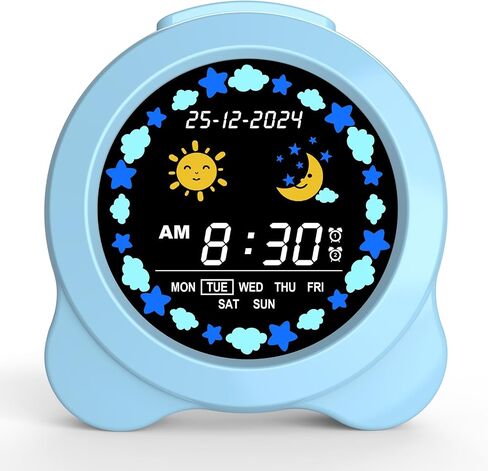 Kids Alarm Clock, Sun & Moon LED Display with Day & Date, Children's Sleep Trainer with Night Light & Sleep Sounds, Cute Wake Up Clock for Kids Bedroom, Easy to Use Birthday Gift for Boy and Girls in Saudi Arabia