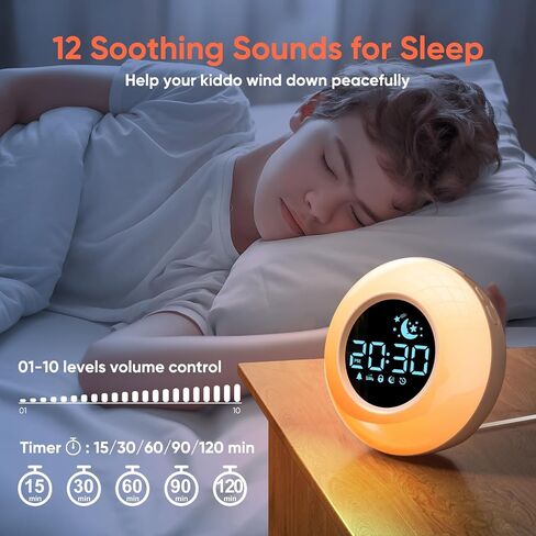 Kids Alarm Clock with Sound Machine, 12 Soothing Sounds, Child Lock - Dimmable Wake Up Lamp, Digital Night Light Clock for Bedrooms, Toddler Sleep Training Clock, Gifts for Girls Boys Children 3-12 in Saudi Arabia