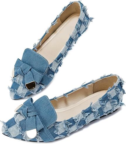 Women's Denim Bowknot Ballet Flats Comfort Pointed Toe Slip On Casual Flat Shoes Cute Penny Loafer Fashion Work Dress Shoes in Saudi Arabia