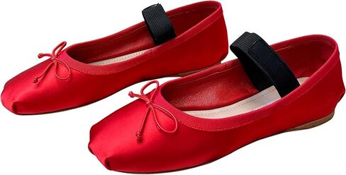 Women's Silk Square-Toe Ballet Flats - Elegant Elastic Ankle Strap with Minimalist Bow Design, Everyday Fashion Footwear in Kuwait