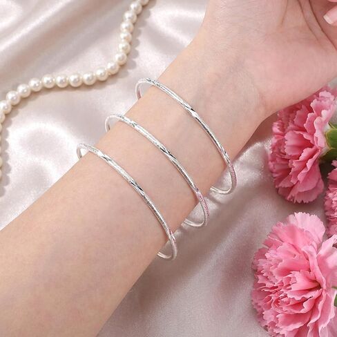 3Pcs Silver Bangle Bracelets for Women, Elegant Shiny Star Bangles Silver Tone Fashion Jewelry for Mom Wife Mother's Day Valentine's Day Gift in Kuwait