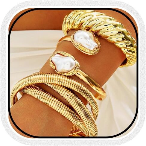 GORTIN Chunky Gold Bangle Bracelets for Women Big Pearl Cuff Bracelets Set Trendy Stackable Bracelet Jewelry Accessories for Women in Kuwait