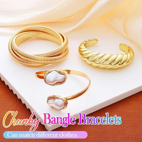 GORTIN Chunky Gold Bangle Bracelets for Women Big Pearl Cuff Bracelets Set Trendy Stackable Bracelet Jewelry Accessories for Women in Kuwait