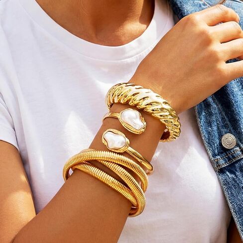 GORTIN Chunky Gold Bangle Bracelets for Women Big Pearl Cuff Bracelets Set Trendy Stackable Bracelet Jewelry Accessories for Women in Kuwait
