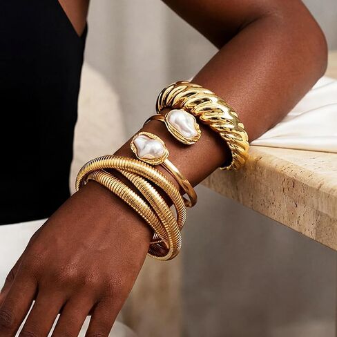 GORTIN Chunky Gold Bangle Bracelets for Women Big Pearl Cuff Bracelets Set Trendy Stackable Bracelet Jewelry Accessories for Women in Kuwait