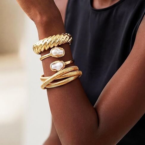 GORTIN Chunky Gold Bangle Bracelets for Women Big Pearl Cuff Bracelets Set Trendy Stackable Bracelet Jewelry Accessories for Women in Kuwait