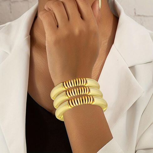 3PCS Gold Chunky Bangles Bracelets for Women Gold Plated Stackable Adjustable Bracelet Stretch Curved Bamboo Tube Bracelets for Women as Jewelry Gift in Kuwait