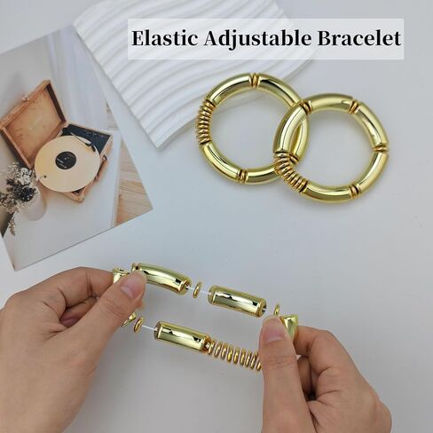 3PCS Gold Chunky Bangles Bracelets for Women Gold Plated Stackable Adjustable Bracelet Stretch Curved Bamboo Tube Bracelets for Women as Jewelry Gift in Kuwait