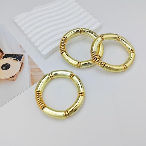 3PCS Gold Chunky Bangles Bracelets for Women Gold Plated Stackable Adjustable Bracelet Stretch Curved Bamboo Tube Bracelets for Women as Jewelry Gift in Kuwait