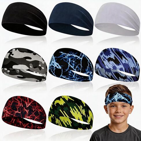 8 Pcs Headbands for Men&Boys, 16" x 3.2" Athletic Sweatbands, Moisture Wicking Elastic Hairband for Running, Basketball, Soccer & Yoga Workout in Saudi Arabia