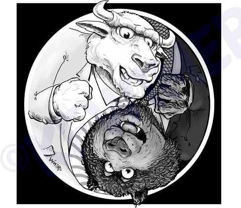 رسوم متحركة لسوق الأوراق المالية على طراز Bull 'n Bear Rambo موقعة من الفنان غير لامع، مؤطرة وموقعة من الخشب عالي الجودة in Kuwait