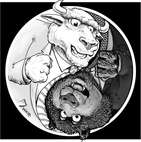 Bull 'n Bear Yin and Yang Stock Market Cartoon Signed by Artist Print, Southworth Heavy Linen Paper in Kuwait
