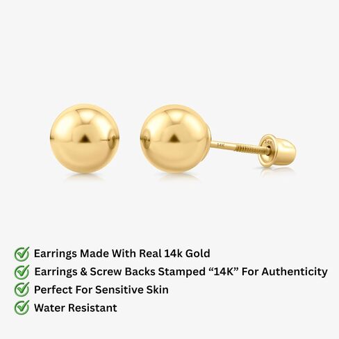 14K Real Gold Ball Stud Earrings Screw Back Secure Design, Real Gold Ball Studs, Minimalist Stud Earrings - Serena Sparkles in Kuwait