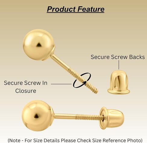 14K Real Gold Ball Stud Earrings Screw Back Secure Design, Real Gold Ball Studs, Minimalist Stud Earrings - Serena Sparkles in Kuwait