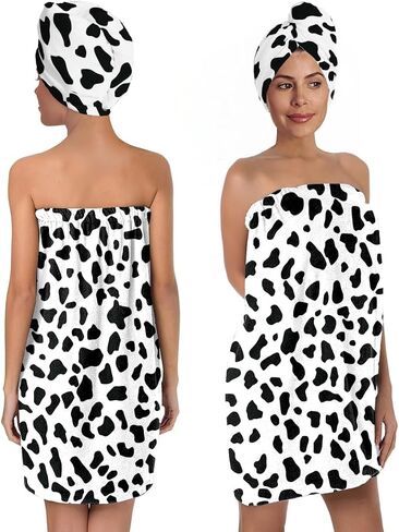 Cow Print Bath Wrap Set with Hair Turban, Black and White Pattern Spa Towel Wrap, Towel Robe for Women in Kuwait