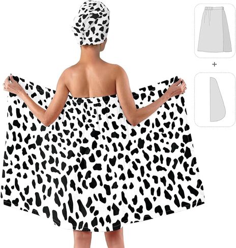Cow Print Bath Wrap Set with Hair Turban, Black and White Pattern Spa Towel Wrap, Towel Robe for Women in Kuwait