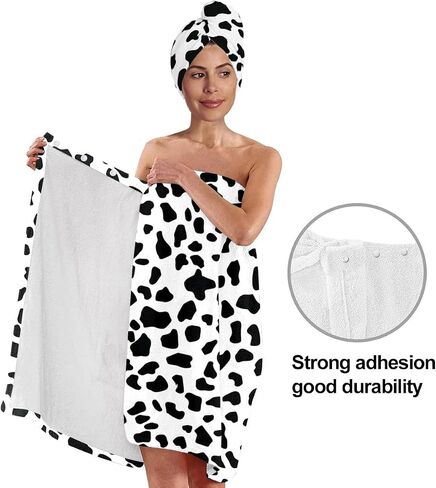 Cow Print Bath Wrap Set with Hair Turban, Black and White Pattern Spa Towel Wrap, Towel Robe for Women in Kuwait