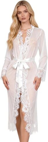 ohyeahlady Women's Long Sheer Lace Trim Robe with Belt Mesh Bridal Kimono Sleepwear Elegant Eyelash Lace Nightwear XS-4XL in Kuwait