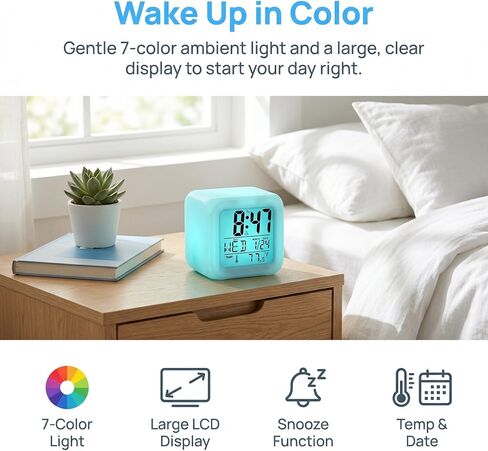 Digital Clock 7 Color Night Light, Digital Alarm Clocks with Snooze, Alarm Clock, Wake Up Digital Clock for Room Deco in Kuwait