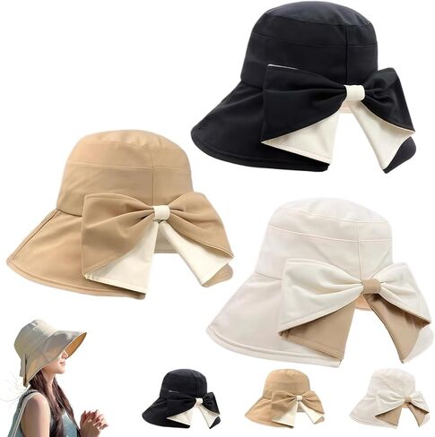 2027 New Bowknot Wide Brim Sun Protective Hat, Women's Bowknot Wide Brim Sun Protective Hat, 360° Protection UV Protection in Kuwait