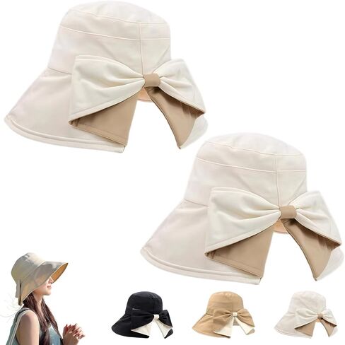 2027 New Bowknot Wide Brim Sun Protective Hat, Women's Bowknot Wide Brim Sun Protective Hat, 360° Protection UV Protection in Kuwait