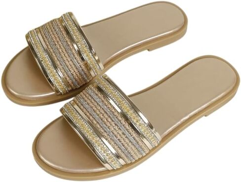 Women's Open Toe Flat Sandals Rhinestone Glitter on Casual Fashion Slippers Quick Drying Indoor & Outdoor Slides Women's Slides in Kuwait