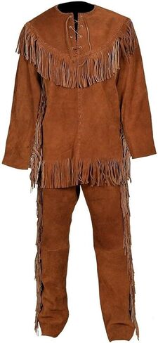 Mens Leather Buckskin Suit Including Shirt and Trouser Mountain Man Reenactment Suede Red Indian Native American Fringes in Kuwait