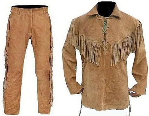 Mens Leather Buckskin Suit Including Shirt and Trouser Mountain Man Reenactment Suede Red Indian Native American Fringes in Kuwait