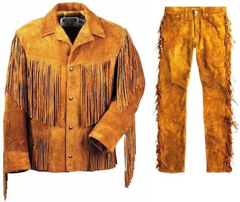 Mens Leather Buckskin Suit Including Shirt and Trouser Mountain Man Reenactment Suede Red Indian Native American Fringes in Kuwait