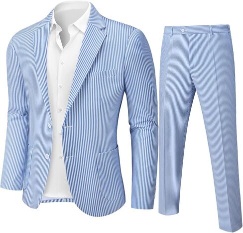 WEEN CHARM Men’s Seersucker Pinstripe 2 Piece Slim Fit Suit Lightweight Summer Suit for Wedding, Prom, Kentucky Derby Outfit, Church Social, Formal Party Blue in Saudi Arabia