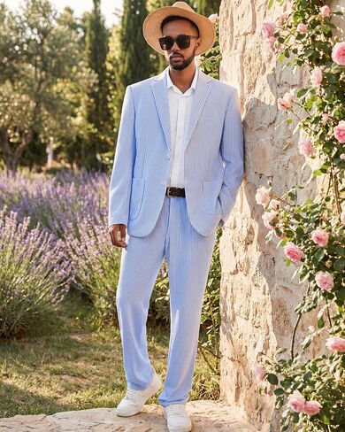 WEEN CHARM Men’s Seersucker Pinstripe 2 Piece Slim Fit Suit Lightweight Summer Suit for Wedding, Prom, Kentucky Derby Outfit, Church Social, Formal Party Blue in Saudi Arabia