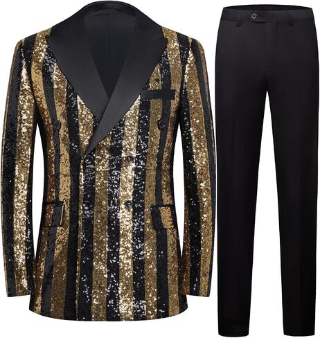 Men's Striped Sequin Double-Breasted Suit Set Tuxedo Jacket & Pants for Wedding, Prom in Saudi Arabia