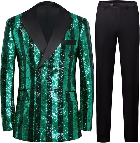 Men's Striped Sequin Double-Breasted Suit Set Tuxedo Jacket & Pants for Wedding, Prom in Saudi Arabia