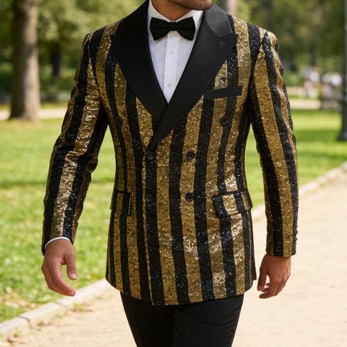 Men's Striped Sequin Double-Breasted Suit Set Tuxedo Jacket & Pants for Wedding, Prom in Saudi Arabia