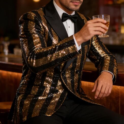 Men's Striped Sequin Double-Breasted Suit Set Tuxedo Jacket & Pants for Wedding, Prom in Saudi Arabia